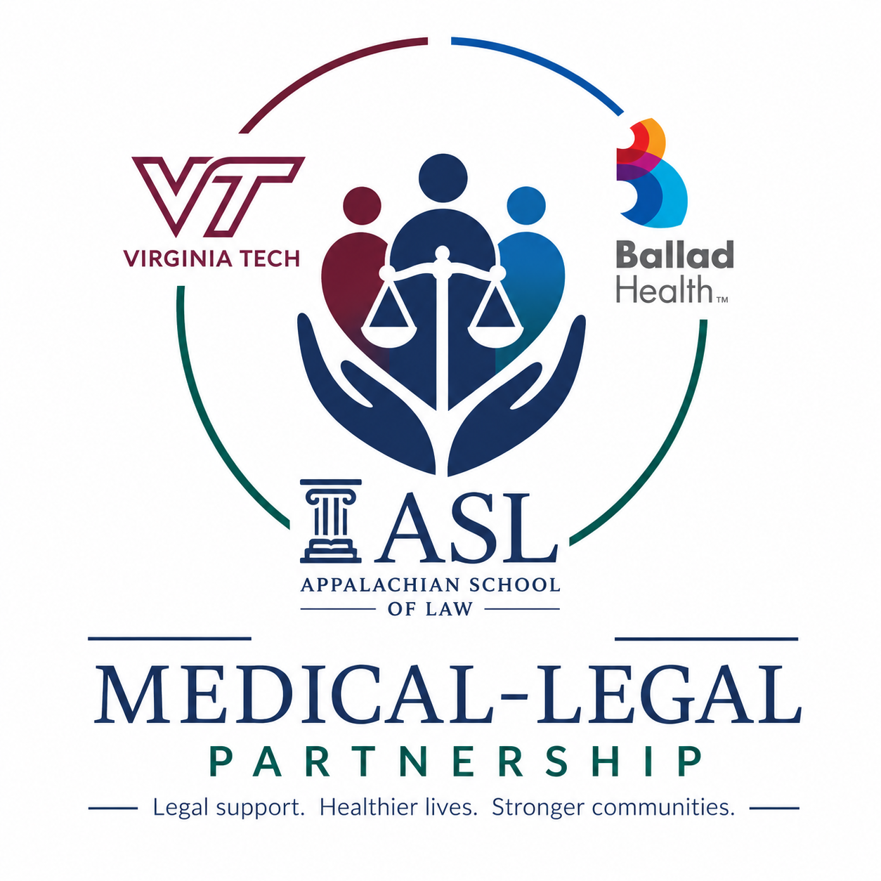 Medical Legal Partnership logo featuring Virginia Tech, Ballad Health, and Appalachian School of Law.